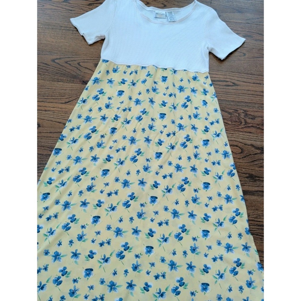 Vtg Bentley Yellow Floral Midi Waffle Top Dress Sz 14 Cottagecore 90s Teacher